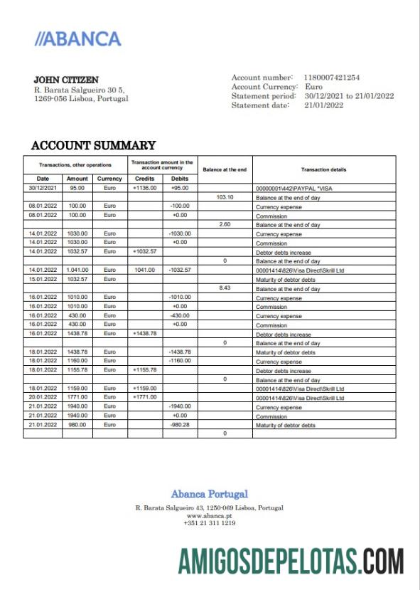 Portugal Abanca extrato bancário amostra